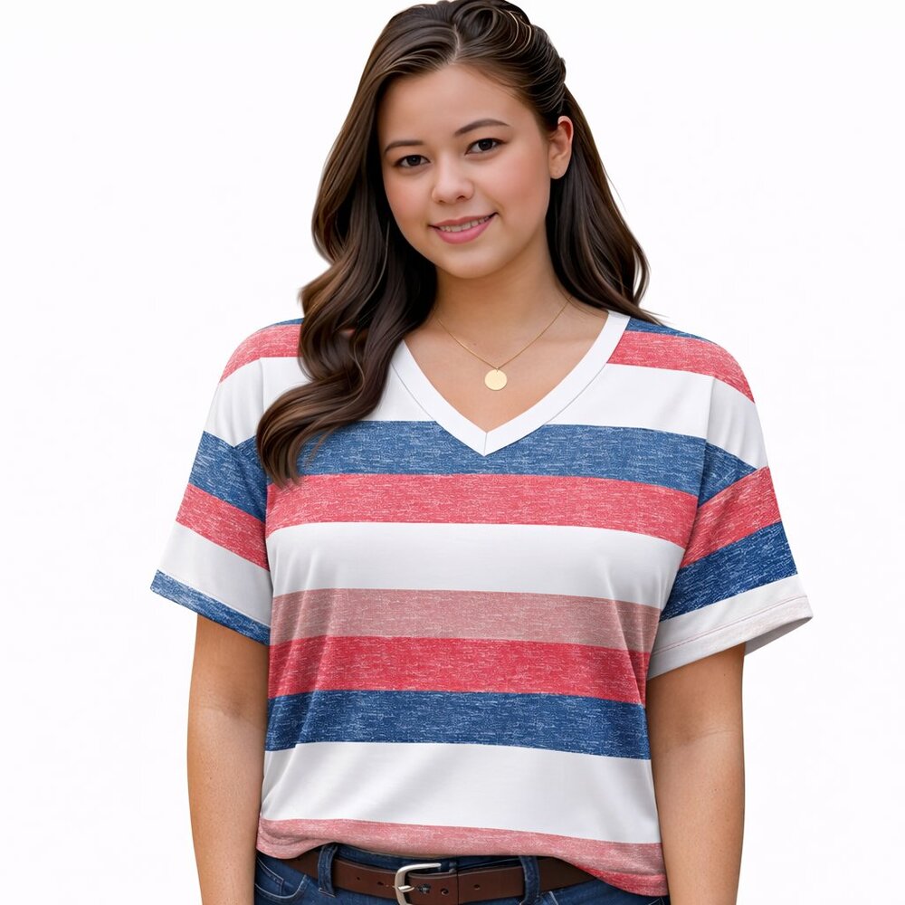Women's Summer Tops, Short Sleeve, Casual Trendy Tee, BLUE/RED, Size XL